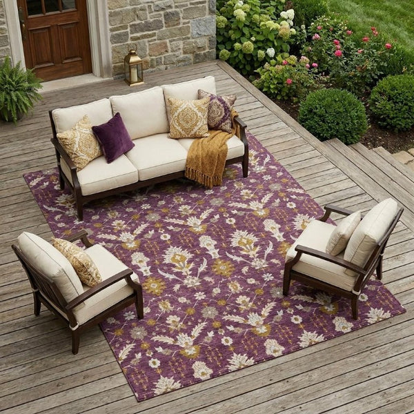 9 X 12 Oriental Polyester Area Rug Washable Indoor Outdoor Eggplant Purple Patio