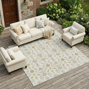 8x10 Ivory Silver Oriental Polyester Area Rug Stain Resistant Indoor Outdoor Use