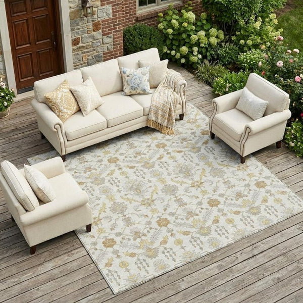 8x10 Ivory Silver Oriental Polyester Area Rug Stain Resistant Indoor Outdoor Use