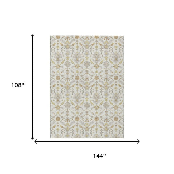9x12 Ivory Silver Oriental Polyester Area Rug Stain Resistant for Patio or Living Room
