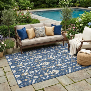 5x8 Oriental Polyester Area Rug Washable Navy Indoor Outdoor Stain Resistant