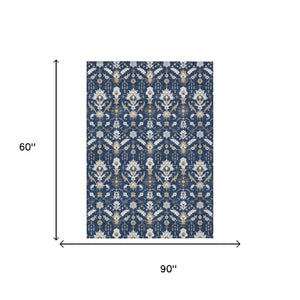 5x8 Oriental Polyester Area Rug Washable Navy Indoor Outdoor Stain Resistant