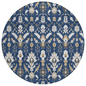HomeRoots 8 Ft Round Oriental Polyester Area Rug Washable Indoor Outdoor Navy Geometric 744871