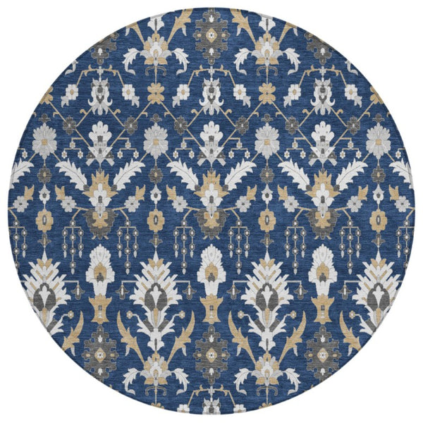 HomeRoots 8 Ft Round Oriental Polyester Area Rug Washable Indoor Outdoor Navy Geometric 744871