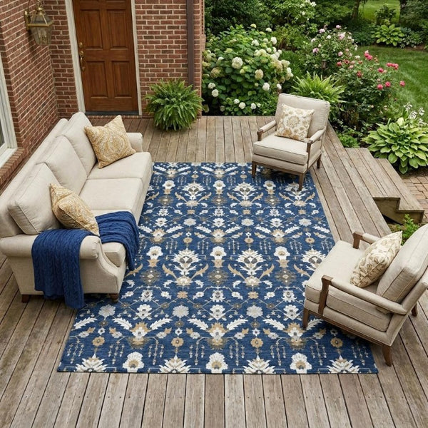 8 X 10 Navy Oriental Polyester Area Rug Stain Resistant Indoor Outdoor Patio