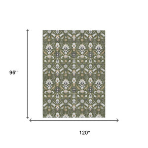 8x10 Olive Oriental Polyester Area Rug Washable Stain Resistant Indoor Outdoor Patio
