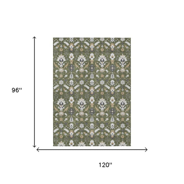 8x10 Olive Oriental Polyester Area Rug Washable Stain Resistant Indoor Outdoor Patio