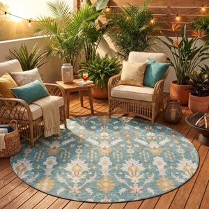 8 Foot Round Oriental Polyester Area Rug Teal Geometric Washable Indoor Outdoor