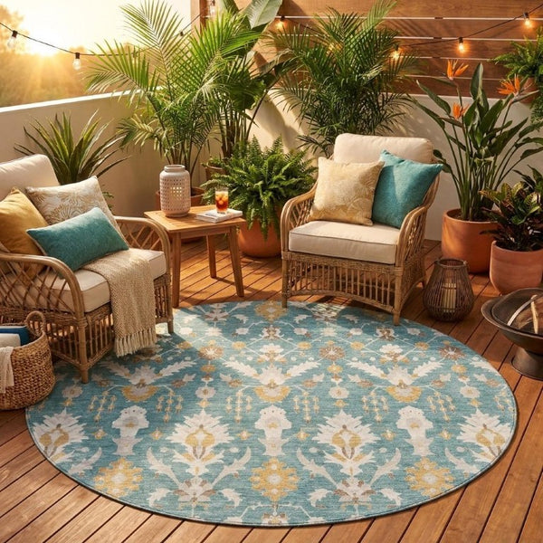 8 Foot Round Oriental Polyester Area Rug Teal Geometric Washable Indoor Outdoor