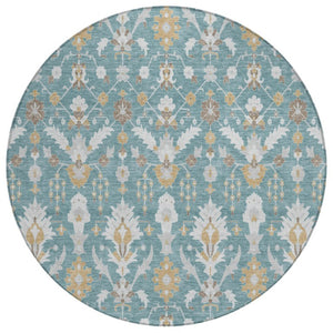 HomeRoots 8 Foot Round Oriental Polyester Area Rug Teal Geometric Washable Indoor Outdoor 744889