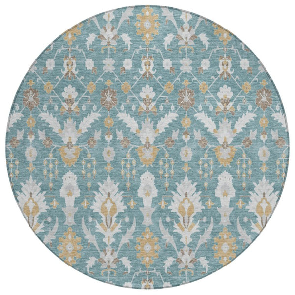 HomeRoots 8 Foot Round Oriental Polyester Area Rug Teal Geometric Washable Indoor Outdoor 744889