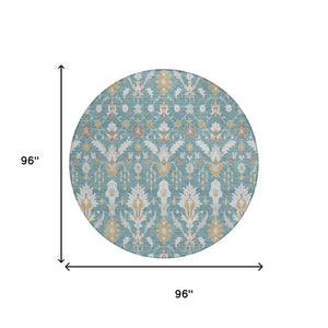 8 Foot Round Oriental Polyester Area Rug Teal Geometric Washable Indoor Outdoor