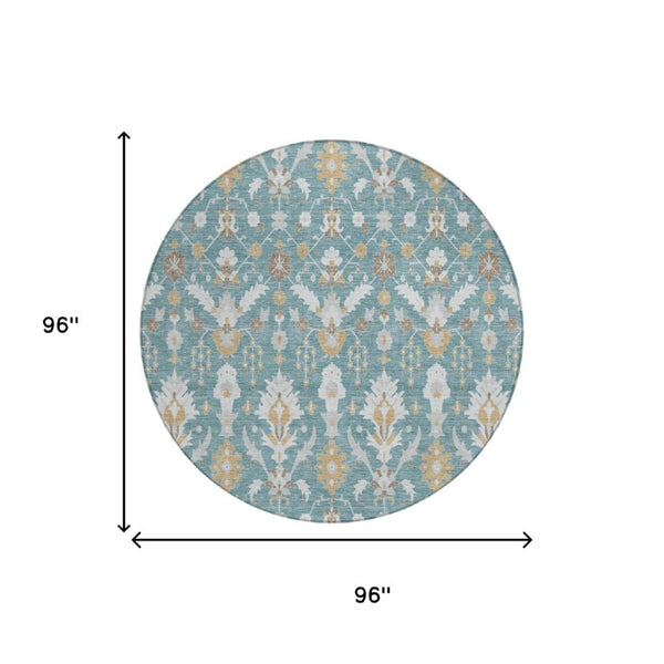 8 Foot Round Oriental Polyester Area Rug Teal Geometric Washable Indoor Outdoor