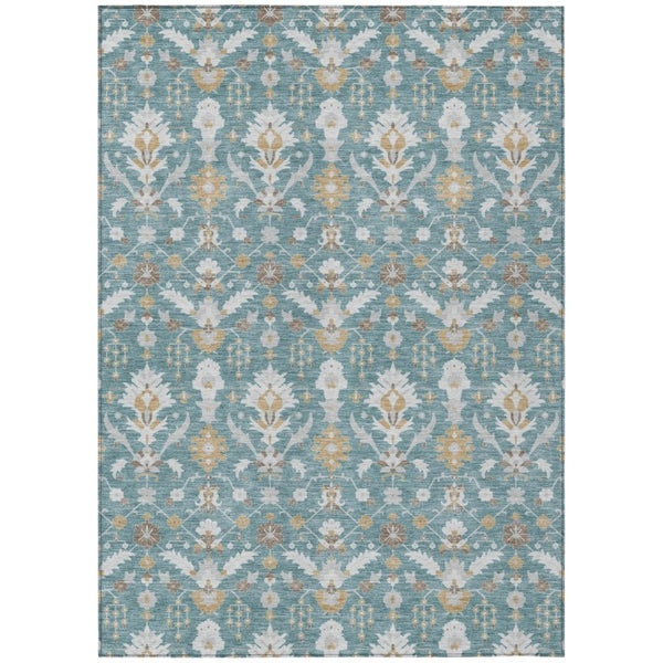 HomeRoots 8 Ft X 10 Ft Teal Silver Oriental Polyester Indoor Outdoor Rug Stain Resistant 744890