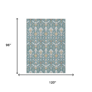 8 Ft X 10 Ft Teal Silver Oriental Polyester Indoor Outdoor Rug Stain Resistant