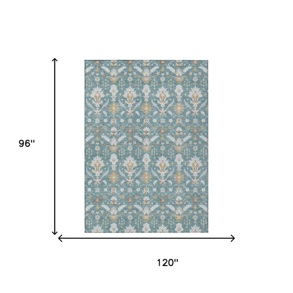 8 Ft X 10 Ft Teal Silver Oriental Polyester Indoor Outdoor Rug Stain Resistant