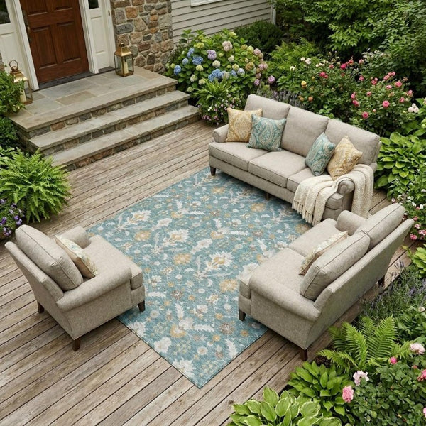 9x12 Teal Silver Oriental Polyester Area Rug Washable Stain Resistant Indoor Outdoor
