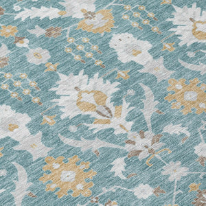 9x12 Teal Silver Oriental Polyester Area Rug Washable Stain Resistant Indoor Outdoor