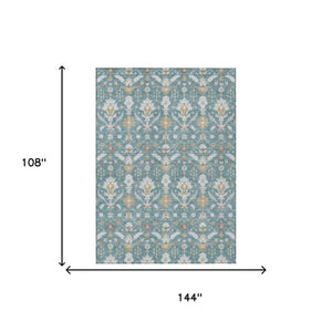 9x12 Teal Silver Oriental Polyester Area Rug Washable Stain Resistant Indoor Outdoor