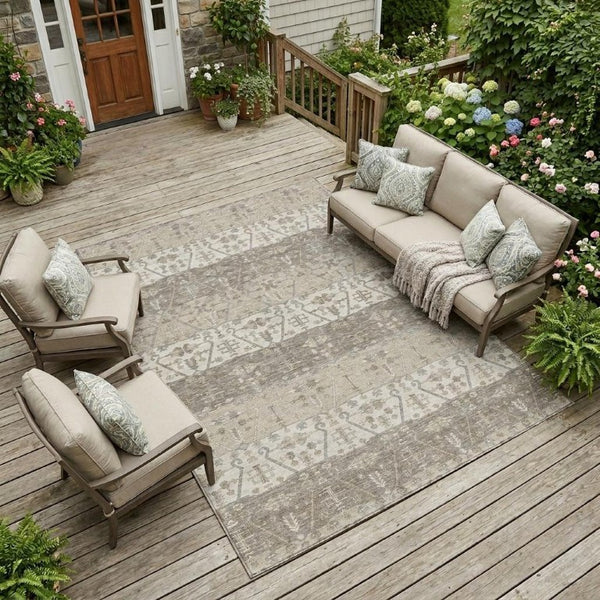 10 X 14 Oriental Polyester Area Rug Washable Indoor Outdoor Beige Brown Accent
