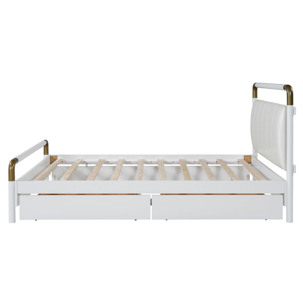 English Elm Queen Upholstered Platform Bed with Trundle & 2 Large Drawers, Padded Headboard, White/Walnut Elegance SF000190AAK
