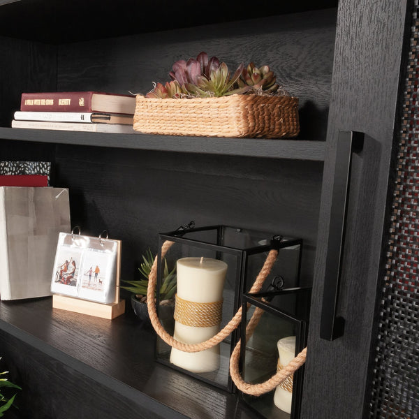 English Elm Hutch, Sleek Black Finish Modern Storage Solution With Adjustable Shelves And Open Display Space B356P402581