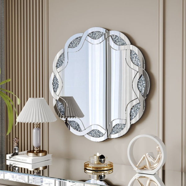 English Elm Silver Wave Frame Round Wall Mirror with Diamond Beveled Facets for Glam Home Decor W1445P370440