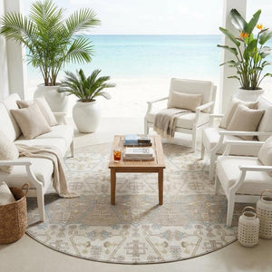 8 Foot Round Oriental Polyester Rug Stain Resistant for Indoor Outdoor Use
