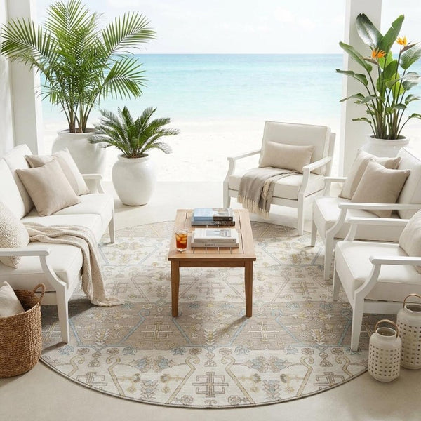 8 Foot Round Oriental Polyester Rug Stain Resistant for Indoor Outdoor Use