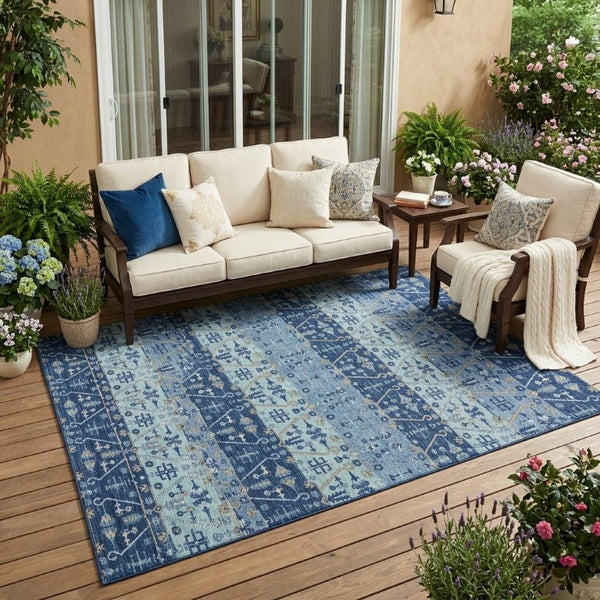 5x8 Oriental Navy Polyester Area Rug Washable Stain Resistant Indoor Outdoor Use