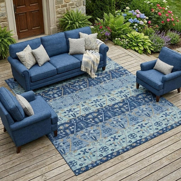 8 X 10 Navy Oriental Polyester Area Rug Washable Stain Resistant Indoor Outdoor