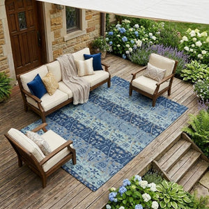 9x12 Navy Oriental Polyester Area Rug Washable Stain Resistant Indoor Outdoor Patio