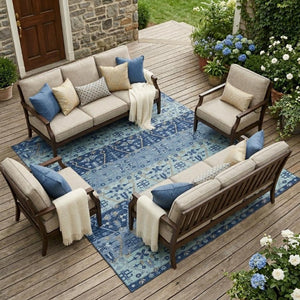 10 X 14 Oriental Polyester Area Rug Washable Indoor Outdoor Navy Stain Resistant