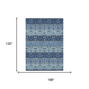 10 X 14 Oriental Polyester Area Rug Washable Indoor Outdoor Navy Stain Resistant