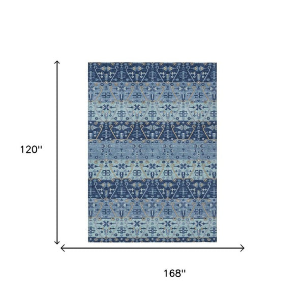 10 X 14 Oriental Polyester Area Rug Washable Indoor Outdoor Navy Stain Resistant