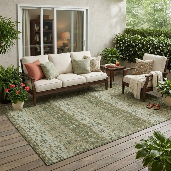 5x8 Olive Green Oriental Polyester Area Rug Washable Indoor Outdoor Patio Living