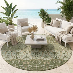 8 Foot Round Oriental Geometric Polyester Area Rug Stain Resistant Indoor Outdoor