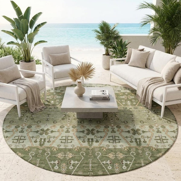 8 Foot Round Oriental Geometric Polyester Area Rug Stain Resistant Indoor Outdoor