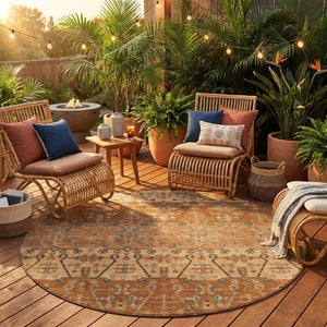 8 Foot Round Oriental Geometric Polyester Rug Stain Resistant for Indoor Outdoor Use