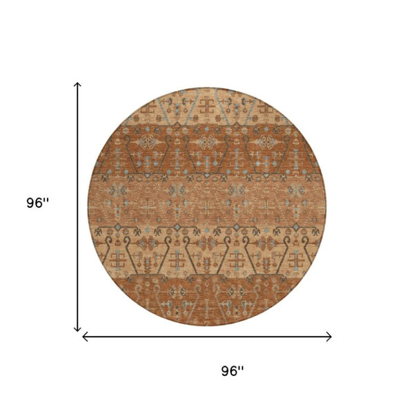 8 Foot Round Oriental Geometric Polyester Rug Stain Resistant for Indoor Outdoor Use