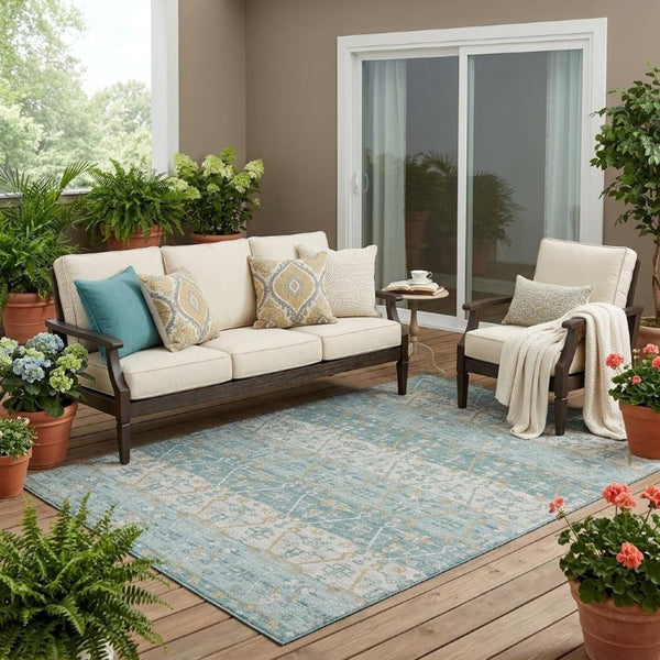 5x8 Teal Silver Oriental Polyester Area Rug Washable Stain Resistant Indoor Outdoor