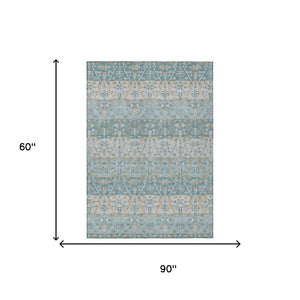 5x8 Teal Silver Oriental Polyester Area Rug Washable Stain Resistant Indoor Outdoor