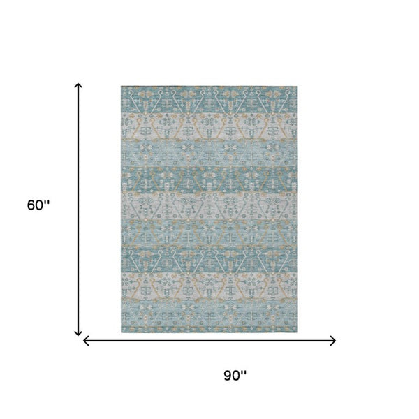 5x8 Teal Silver Oriental Polyester Area Rug Washable Stain Resistant Indoor Outdoor