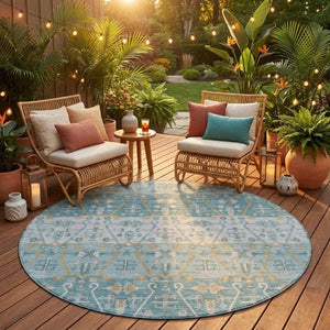 8 Ft Round Oriental Polyester Area Rug Teal Silver Washable for Indoor Outdoor