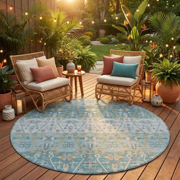 8 Ft Round Oriental Polyester Area Rug Teal Silver Washable for Indoor Outdoor