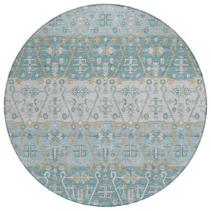 HomeRoots 8 Ft Round Oriental Polyester Area Rug Teal Silver Washable for Indoor Outdoor 744943