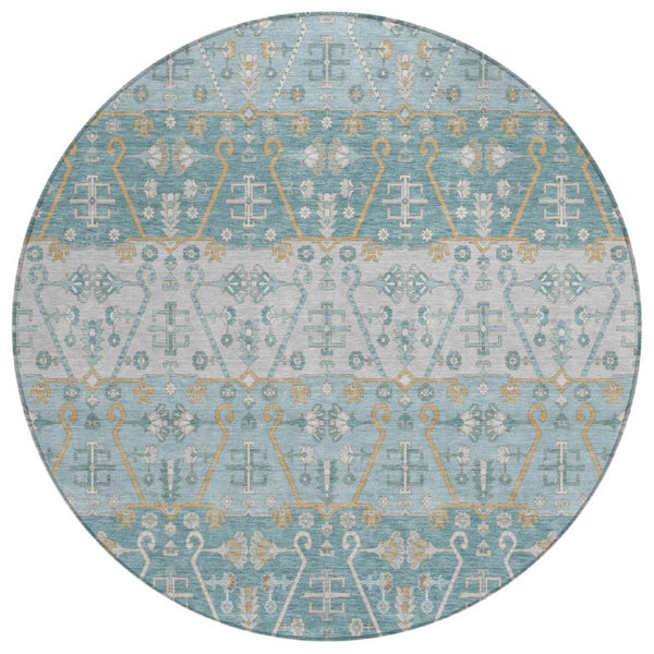 HomeRoots 8 Ft Round Oriental Polyester Area Rug Teal Silver Washable for Indoor Outdoor 744943