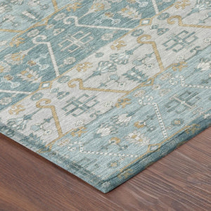 8 Ft Round Oriental Polyester Area Rug Teal Silver Washable for Indoor Outdoor