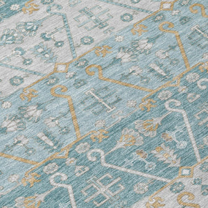 8 Ft Round Oriental Polyester Area Rug Teal Silver Washable for Indoor Outdoor