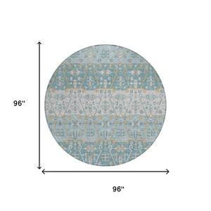 8 Ft Round Oriental Polyester Area Rug Teal Silver Washable for Indoor Outdoor